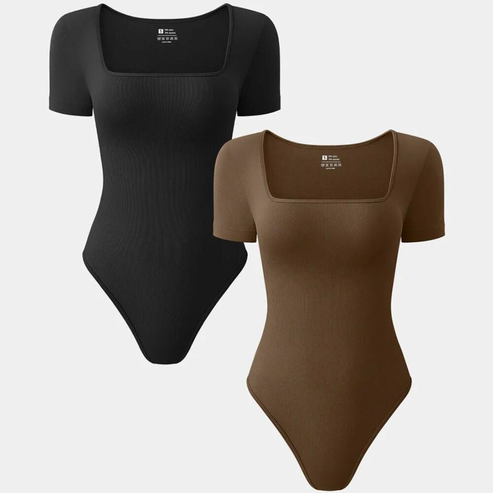 OQQ Bodysuit Set Short Sleeves Square Neckline Ribbed Stretch Size Large